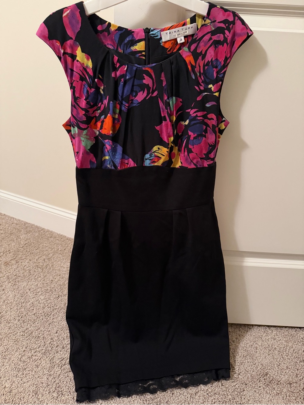 Trina Turk Black Midi Dress with Pink Purple Floral Bodice